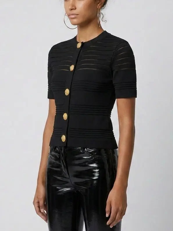 Black Sheer Stripe Knit Button-Front Top - Tops