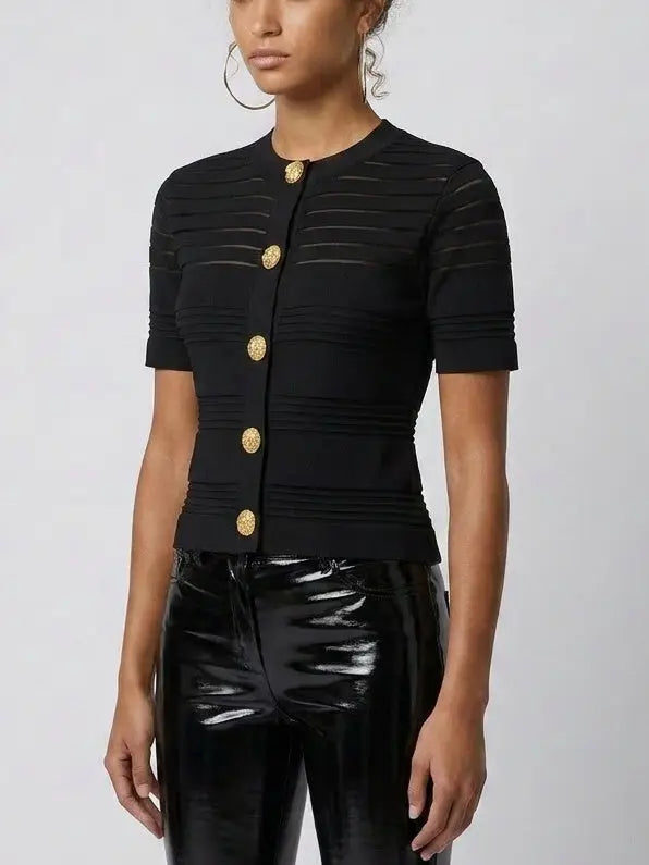 Black Sheer Stripe Knit Button-Front Top - Tops