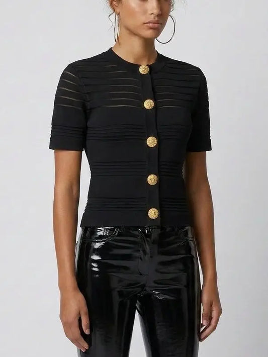 Black Sheer Stripe Knit Button-Front Top - Tops