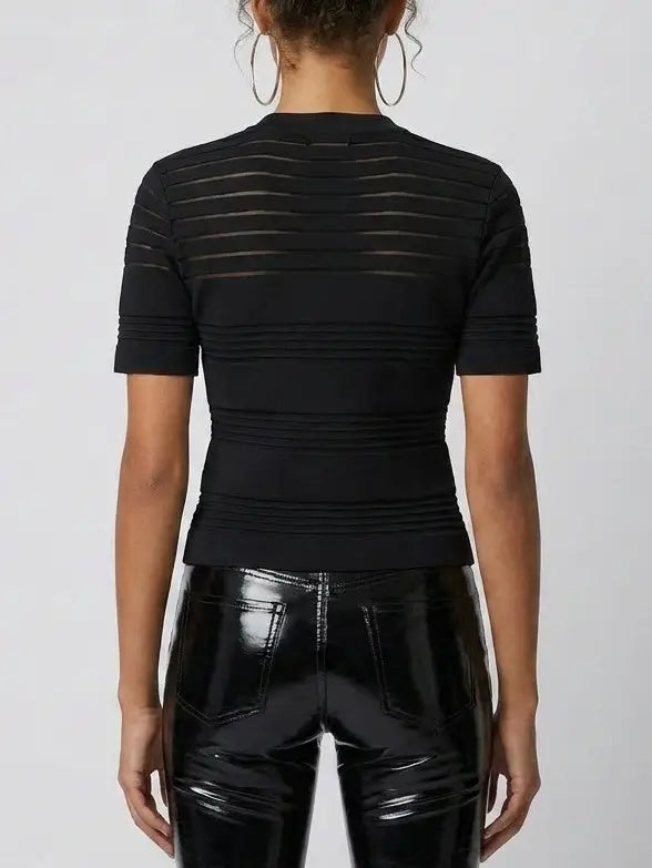 Black Sheer Stripe Knit Button-Front Top - Tops