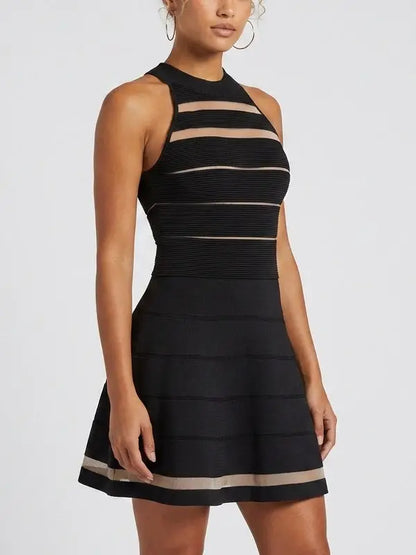 Black Sheer Stripe Knit Halter Mini Dress - Dresses