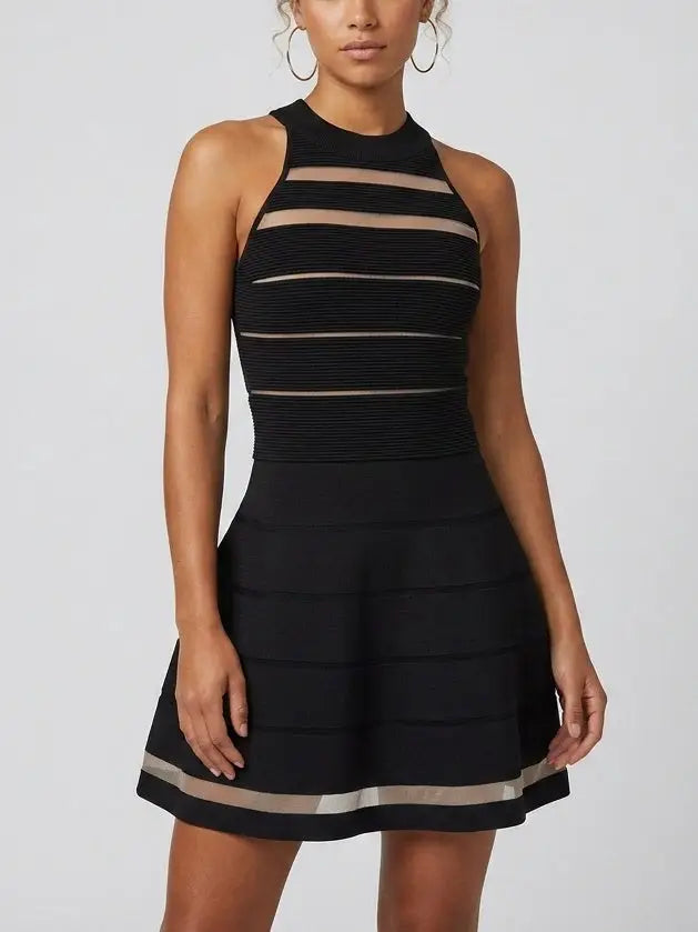 Black Sheer Stripe Knit Halter Mini Dress - Dresses