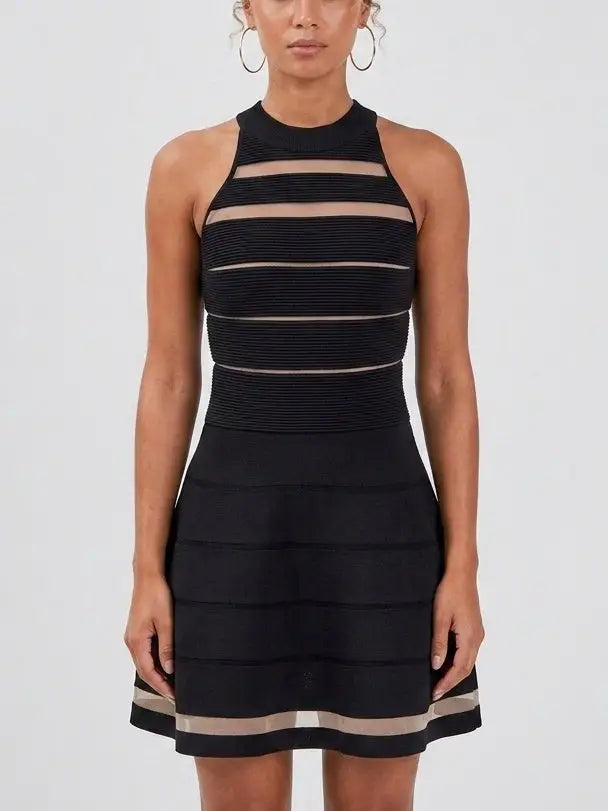 Black Sheer Stripe Knit Halter Mini Dress - Dresses
