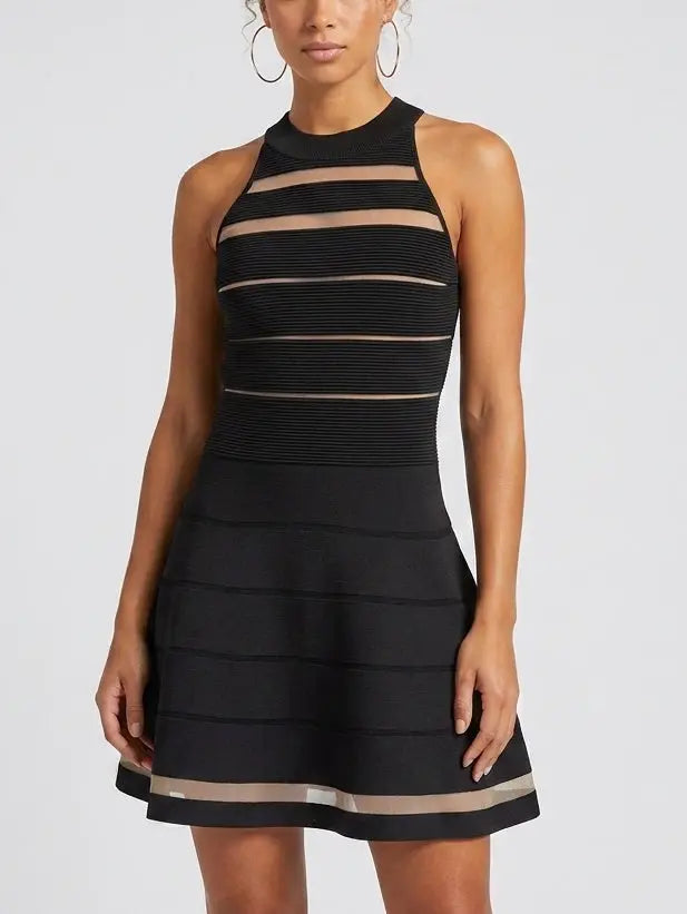 Black Sheer Stripe Knit Halter Mini Dress - Dresses