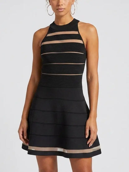 Black Sheer Stripe Knit Halter Mini Dress - Dresses