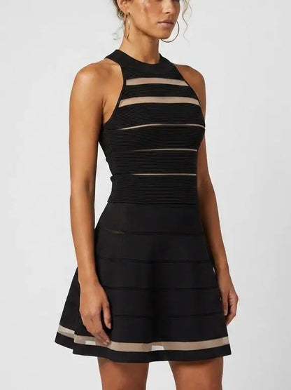 Black Sheer Stripe Knit Halter Mini Dress - Dresses