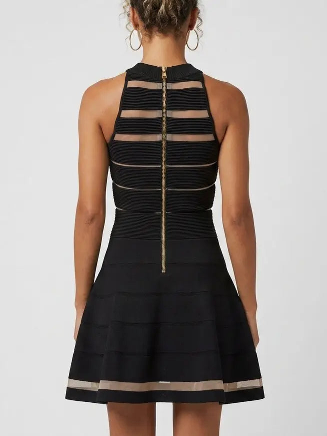Black Sheer Stripe Knit Halter Mini Dress - Dresses