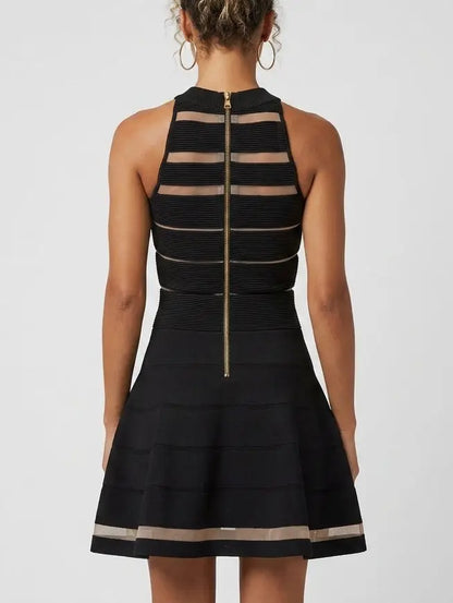 Black Sheer Stripe Knit Halter Mini Dress - Dresses