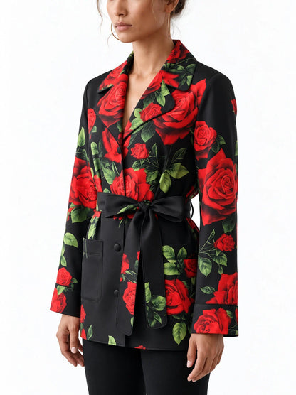 Black Silk Belted Pajama Style Shirt with Red Rose Print - Tops