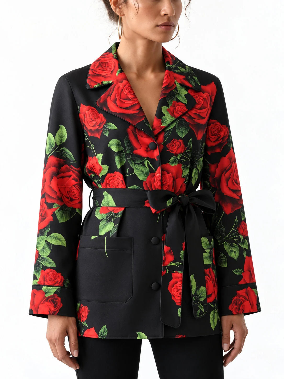 Black Silk Belted Pajama Style Shirt with Red Rose Print - Tops
