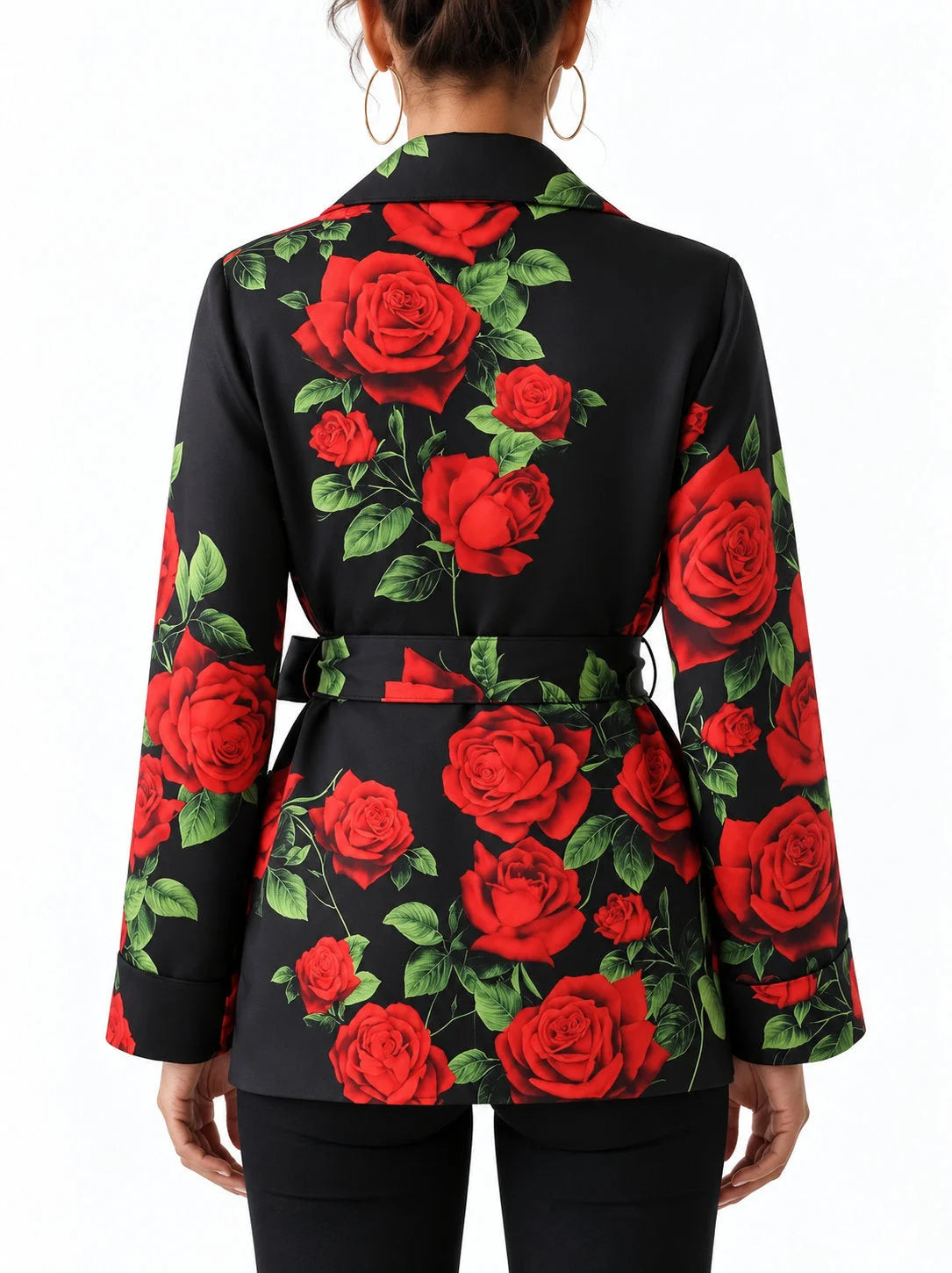 Black Silk Belted Pajama Style Shirt with Red Rose Print - Tops
