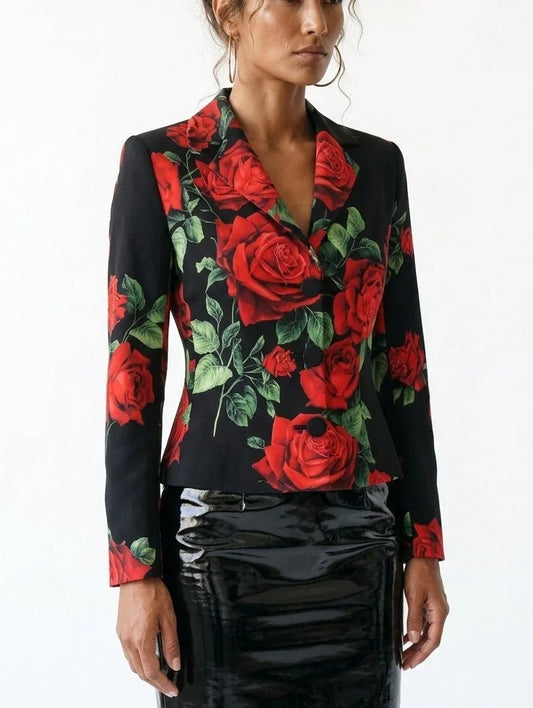 Black Silk Blazer with Red Rose Print - Jackets