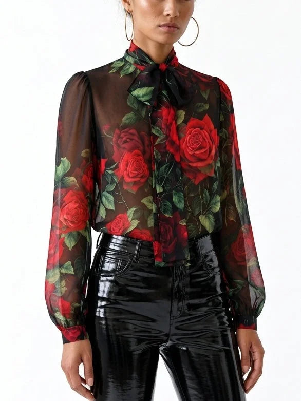 Black Silk Chiffon Rose Print Tie Neck Blouse - Tops
