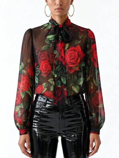 Black Silk Chiffon Rose Print Tie Neck Blouse - Tops