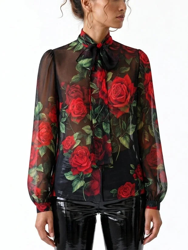 Black Silk Chiffon Rose Print Tie Neck Blouse - Tops