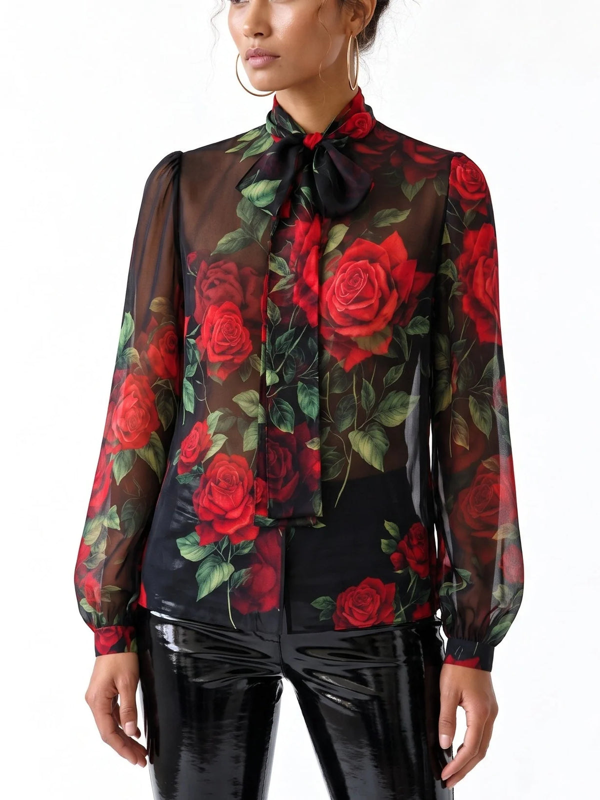 Black Silk Chiffon Rose Print Tie Neck Blouse - Tops