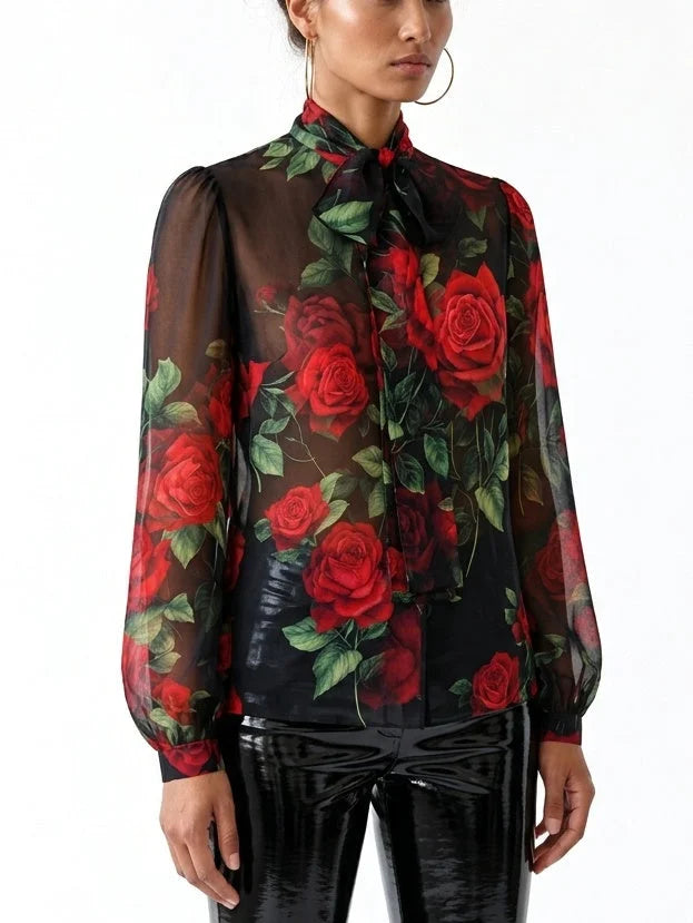 Black Silk Chiffon Rose Print Tie Neck Blouse - Tops