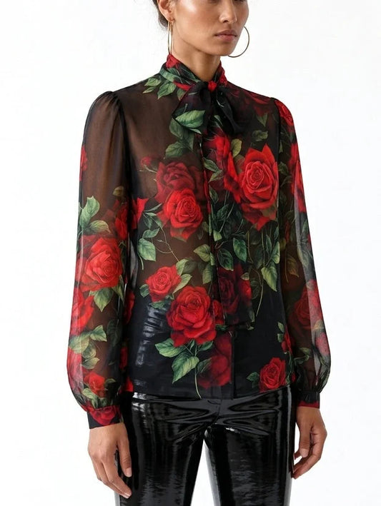 Black Silk Chiffon Rose Print Tie Neck Blouse - Tops