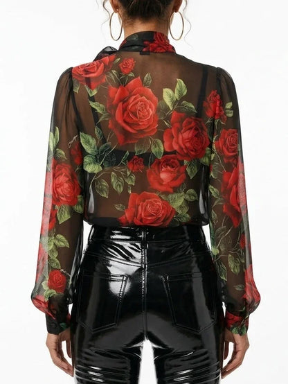 Black Silk Chiffon Rose Print Tie Neck Blouse - Tops