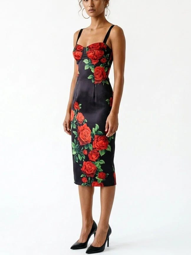 Black Silk Midi Dress with Red Rose Print - Dresses