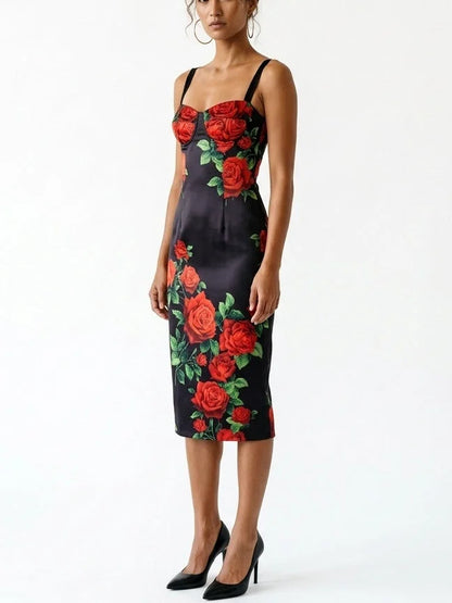 Black Silk Midi Dress with Red Rose Print - Dresses