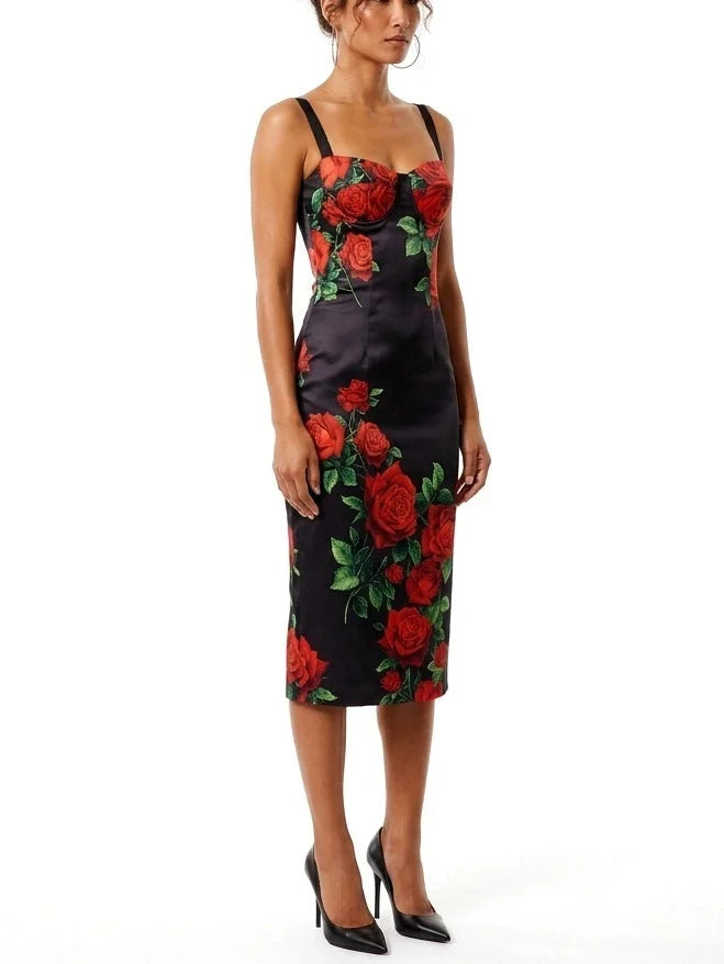 Black Silk Midi Dress with Red Rose Print - Dresses