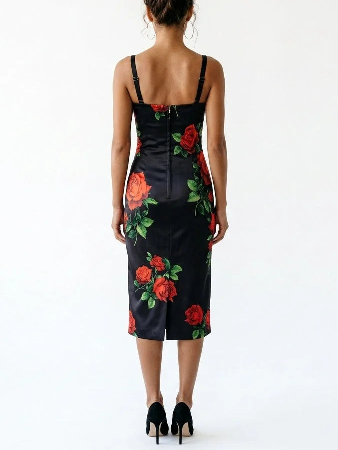 Black Silk Midi Dress with Red Rose Print - Dresses