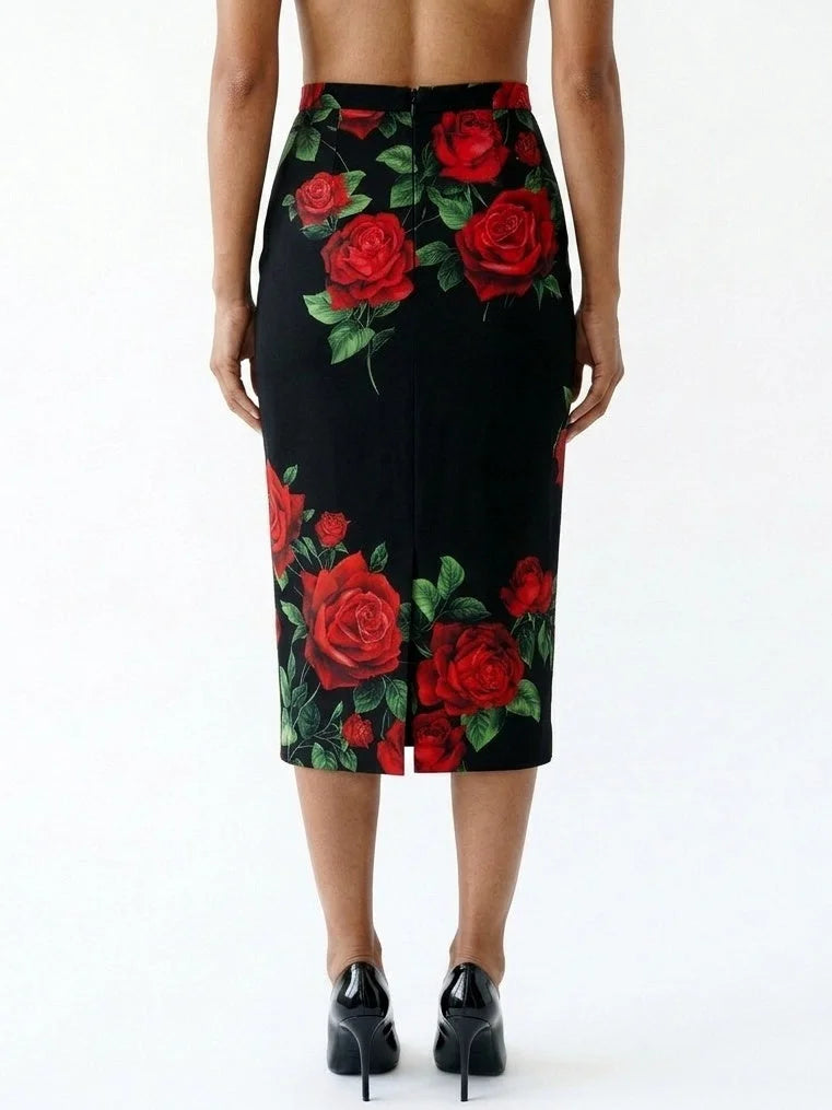 Black Silk Midi Skirt with Red Rose Print - Skirts