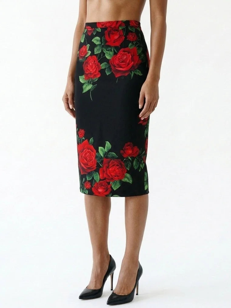 Black Silk Midi Skirt with Red Rose Print - Skirts