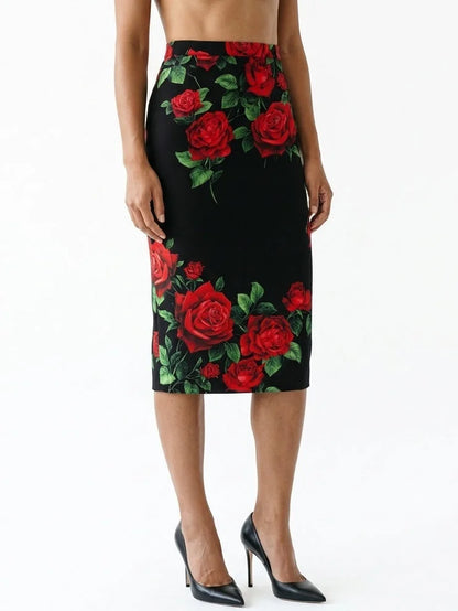 Black Silk Midi Skirt with Red Rose Print - Skirts