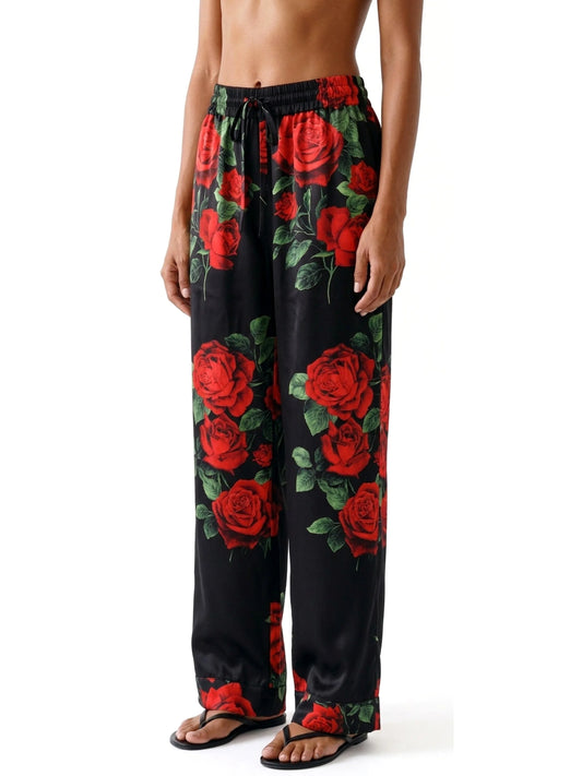 Black Silk Pajama Style Pants with Red Rose Print - Jeans & Pants