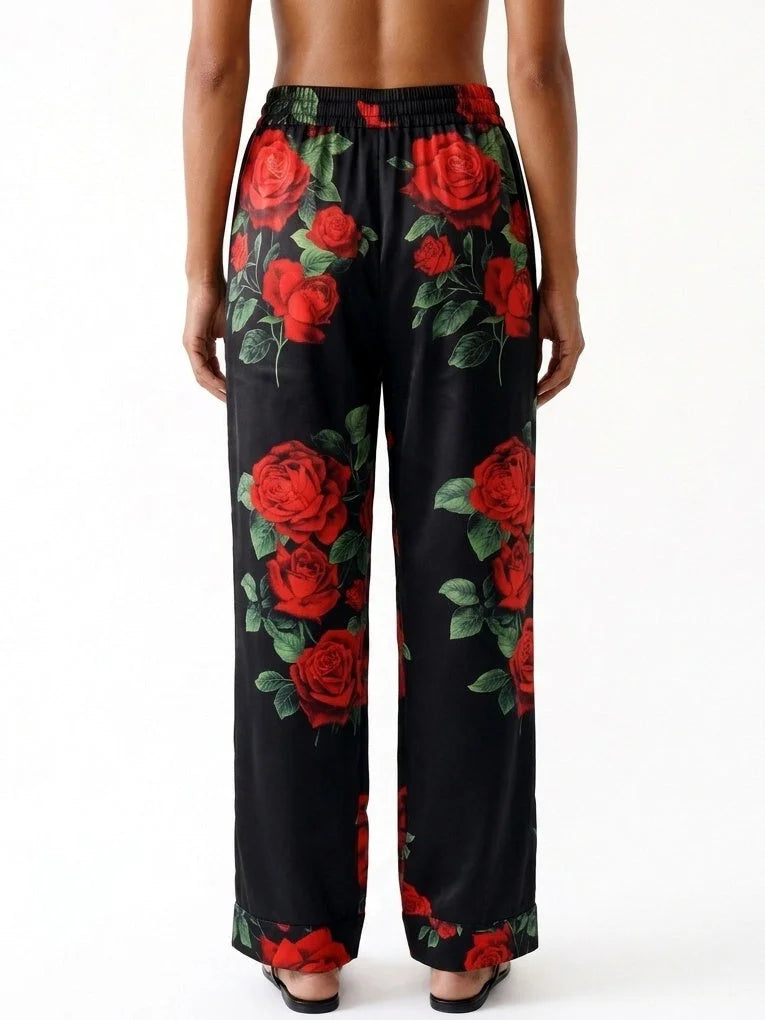 Black Silk Pajama Style Pants with Red Rose Print - Jeans & Pants