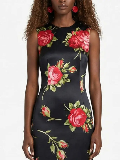 Black Silk Red Rose Print Sleeveless Midi Dress - Dresses