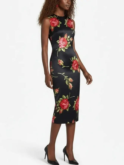 Black Silk Red Rose Print Sleeveless Midi Dress - Dresses