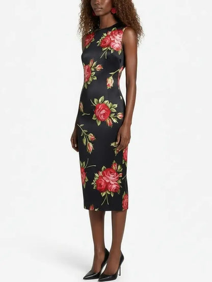 Black Silk Red Rose Print Sleeveless Midi Dress - Dresses