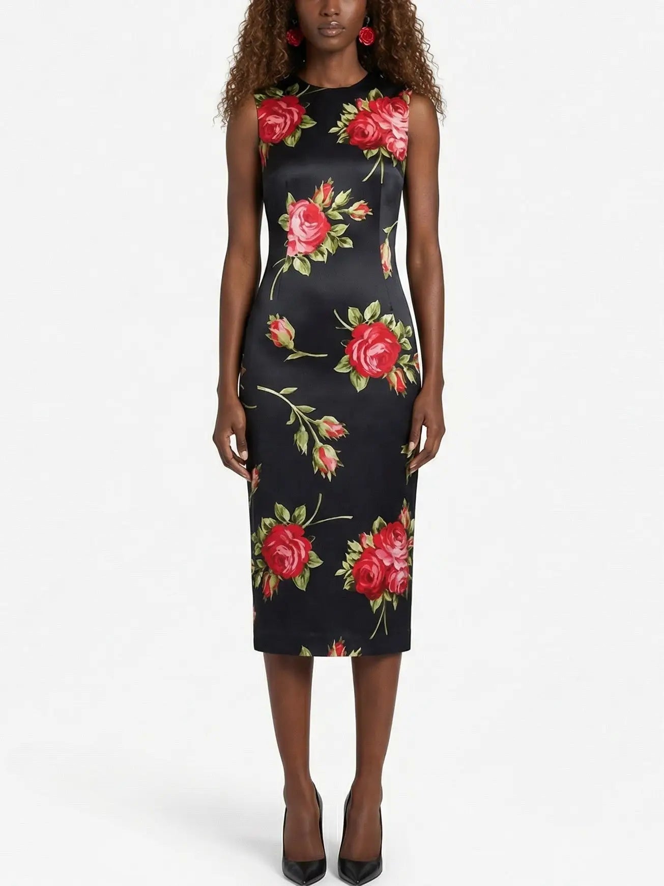 Black Silk Red Rose Print Sleeveless Midi Dress - Dresses