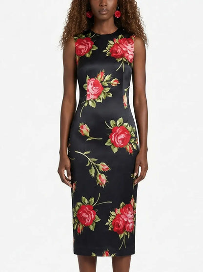Black Silk Red Rose Print Sleeveless Midi Dress - Dresses