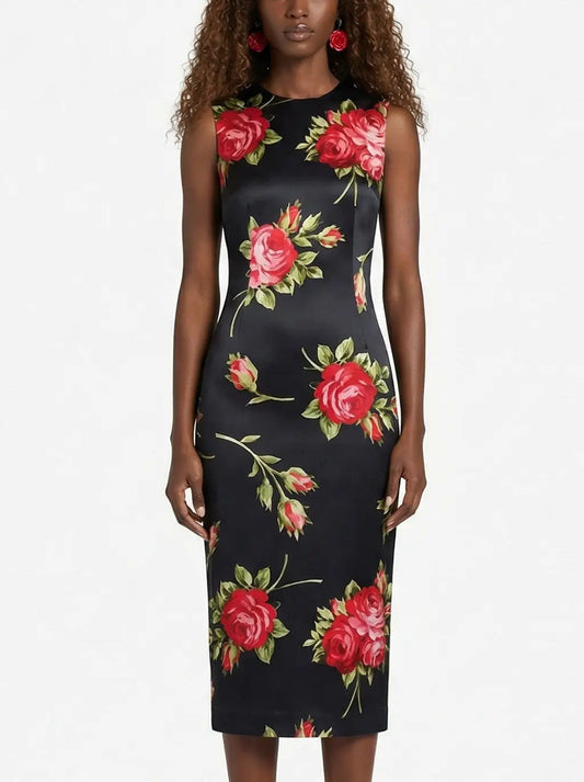 Black Silk Red Rose Print Sleeveless Midi Dress - Dresses