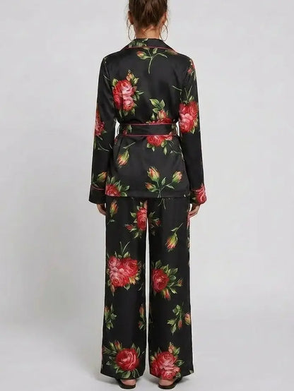 Black Silk Rose Print Belted Shirt and Pant Set - Suits & Sets