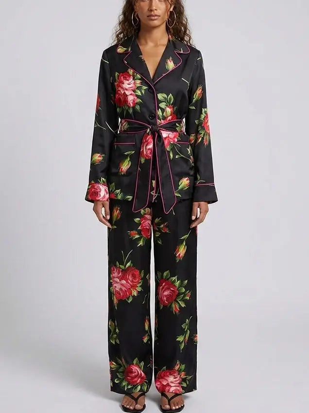 Black Silk Rose Print Belted Shirt and Pant Set - Suits & Sets