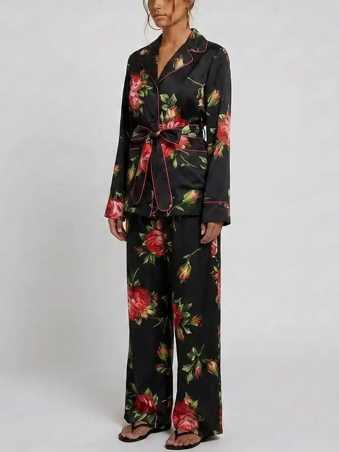 Black Silk Rose Print Belted Shirt and Pant Set - Suits & Sets