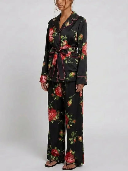 Black Silk Rose Print Belted Shirt and Pant Set - Suits & Sets