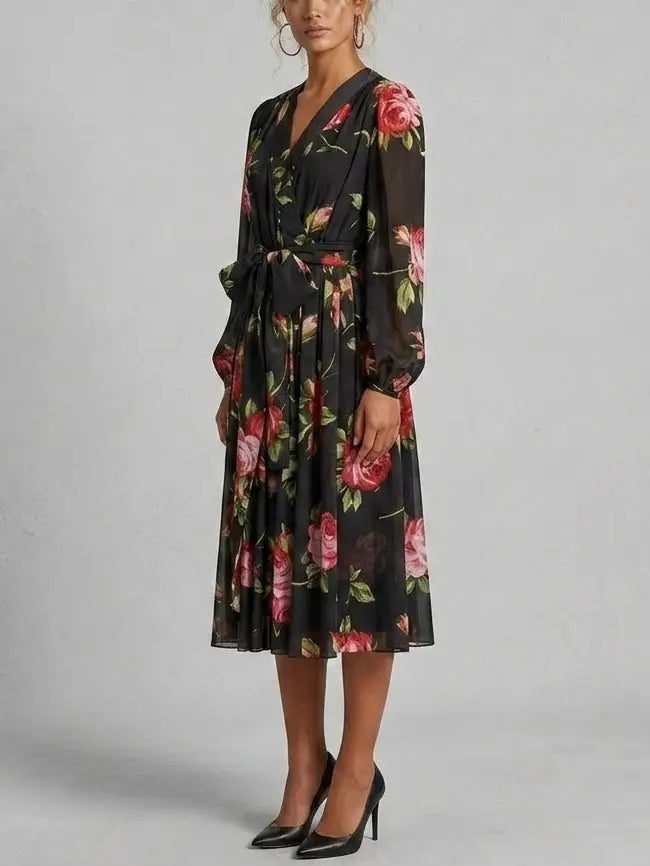 Black Silk Rose Print Midi Dress with Belt - Dresses