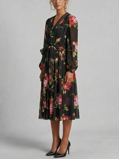 Black Silk Rose Print Midi Dress with Belt - Dresses