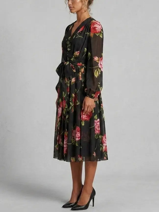 Black Silk Rose Print Midi Dress with Belt - Dresses