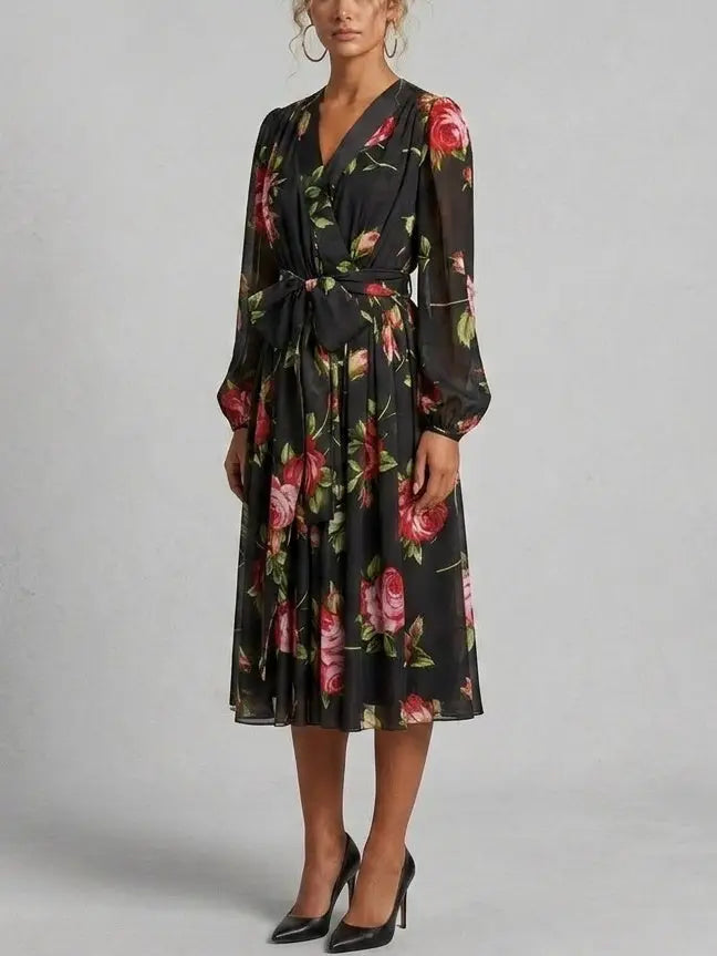 Black Silk Rose Print Midi Dress with Belt - Dresses