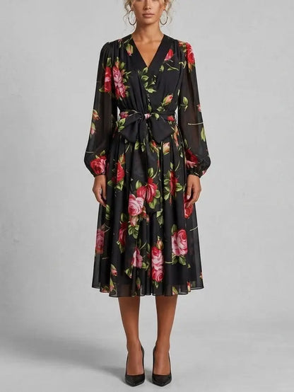 Black Silk Rose Print Midi Dress with Belt - Dresses