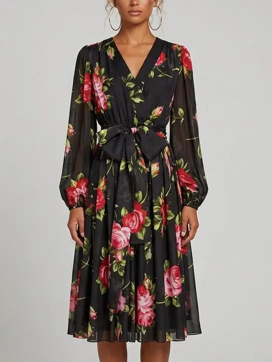 Black Silk Rose Print Midi Dress with Belt - Dresses