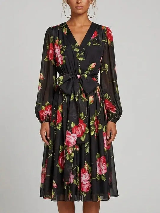 Black Silk Rose Print Midi Dress with Belt - Dresses