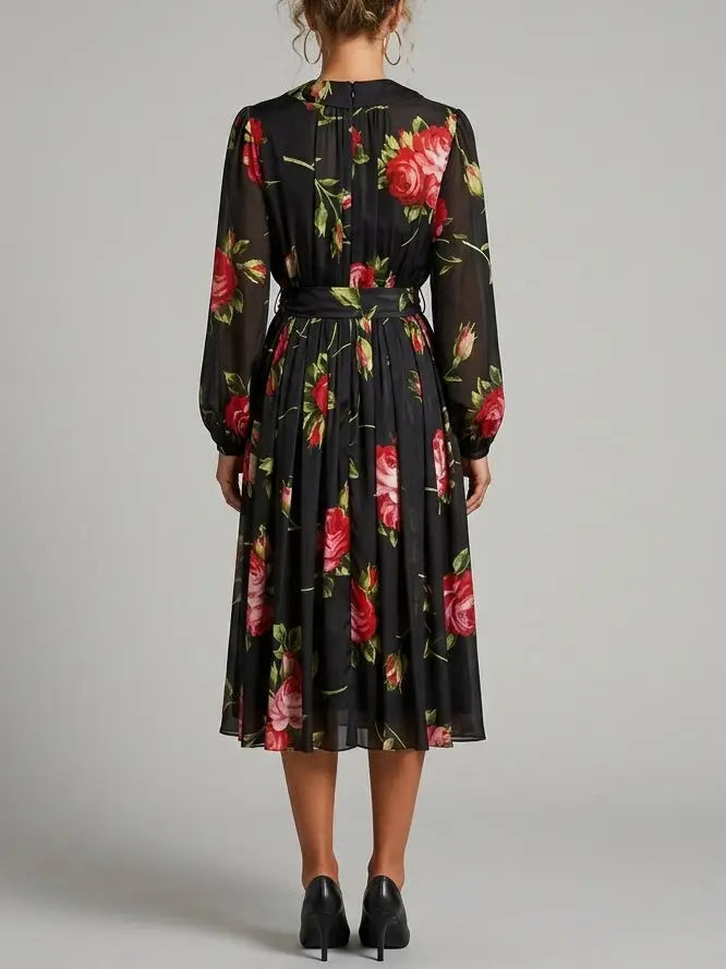 Black Silk Rose Print Midi Dress with Belt - Dresses